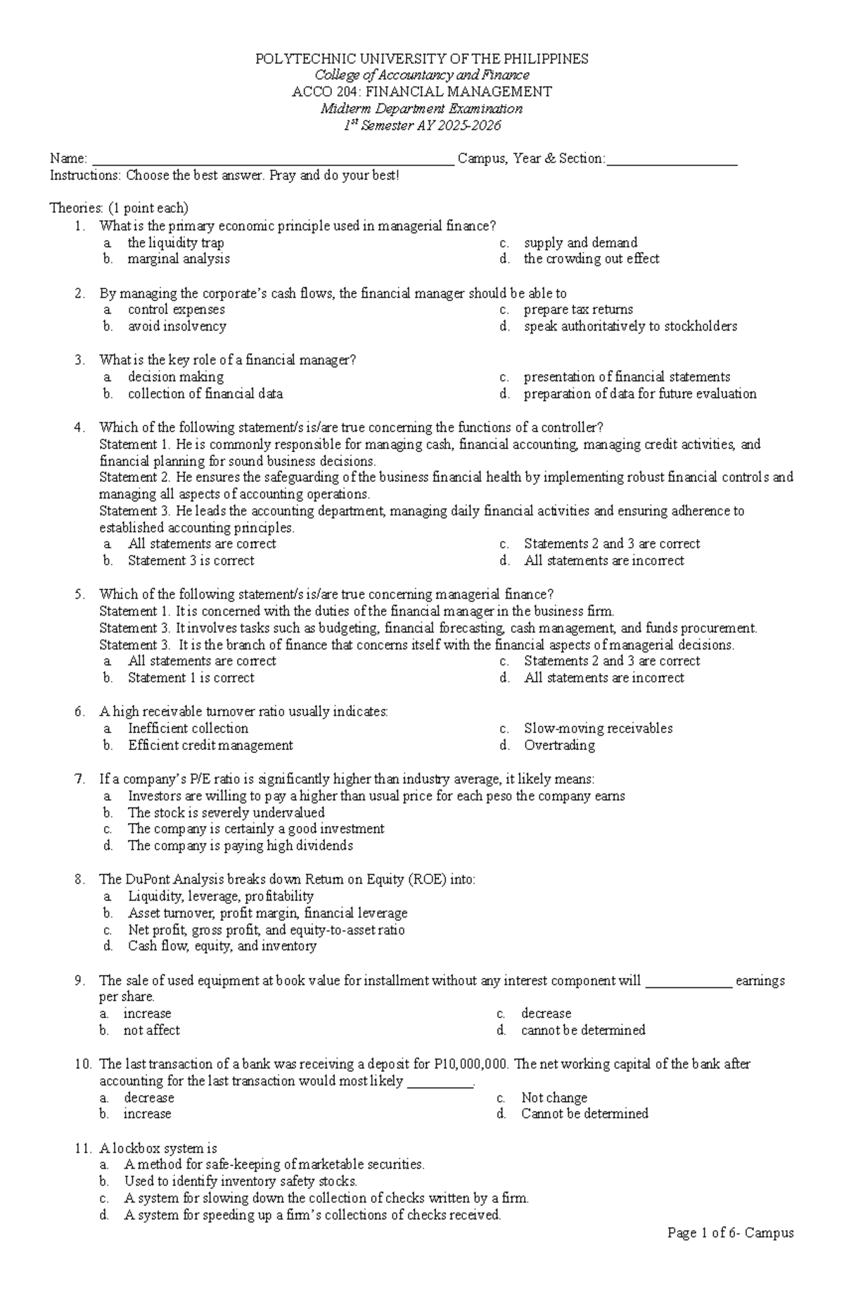 ACCO 204: Financial Management Midterm Exam Review 1st Sem AY 2025-2026 ...
