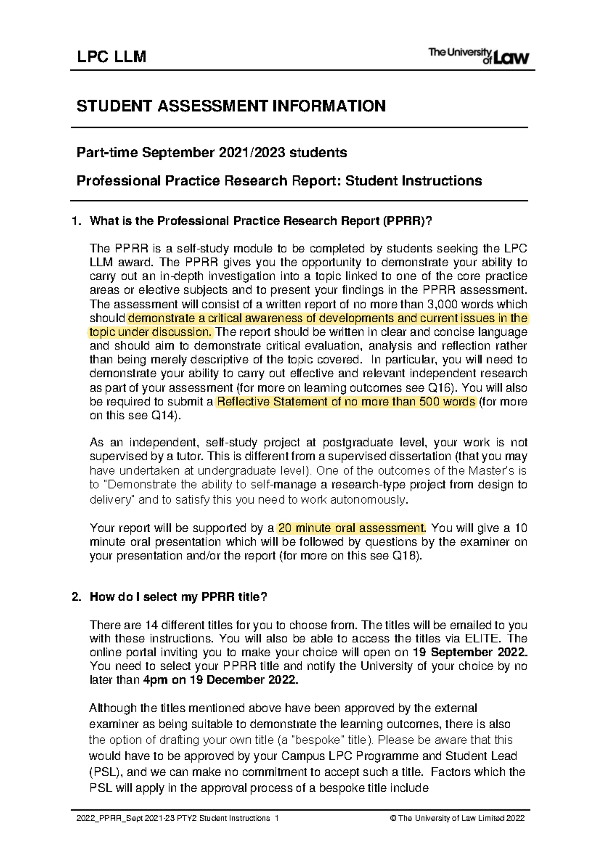 PPRR Assessment Guidelines and Information - LPC 2223 - Studocu
