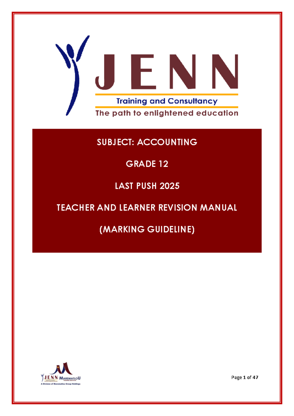 Grade 12 Accounting Last Push 2025 Revision Manual (Marking Guideline ...