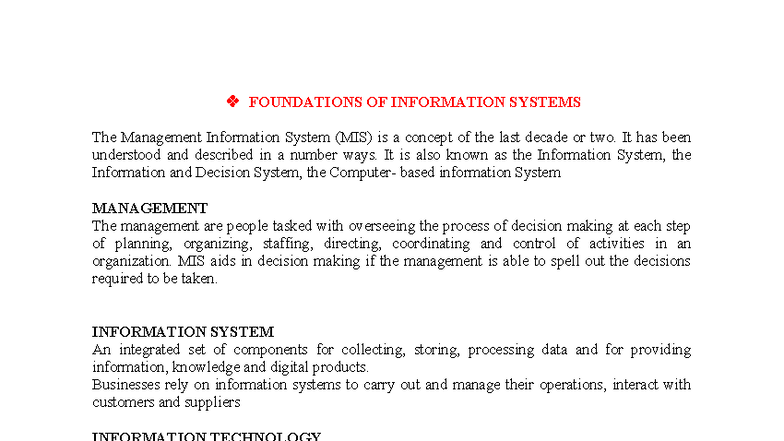 Foundations of Information Systems: Lesson 1 Introduction to MIS - Studocu