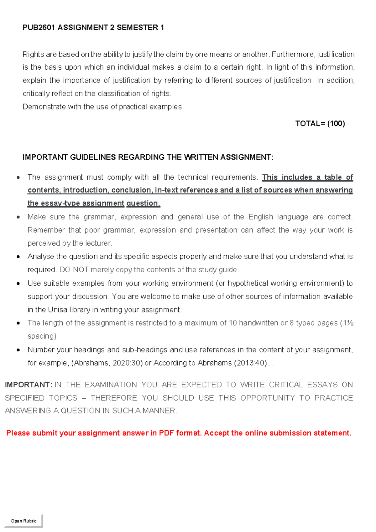 PUB2601 Sem 1 Assignment 2 Guidelines & Requirements 2024 - Studocu