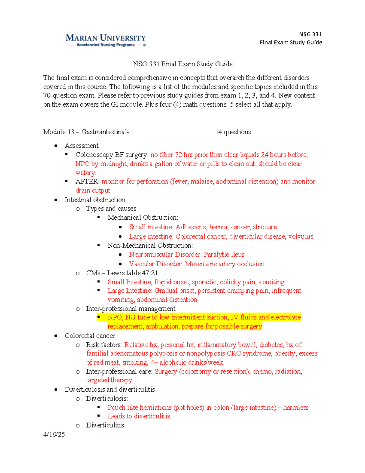 NSG 331 Final Exam Study Guide - Studocu