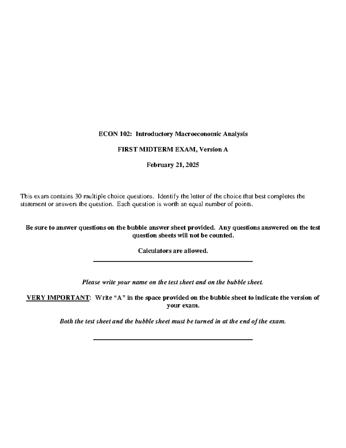 EC 102, Spring 2025, Midterm Exam 1, Version A Answer Key - Studocu