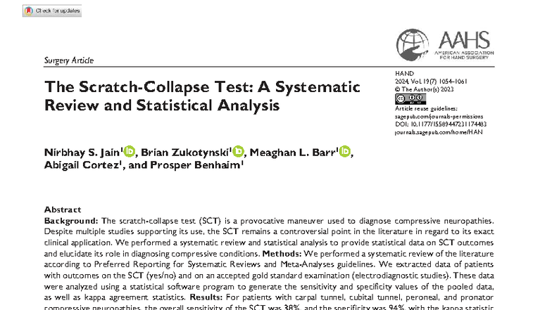 HAND 2024: Systematic Review of the Scratch Collapse Test in Surgery ...