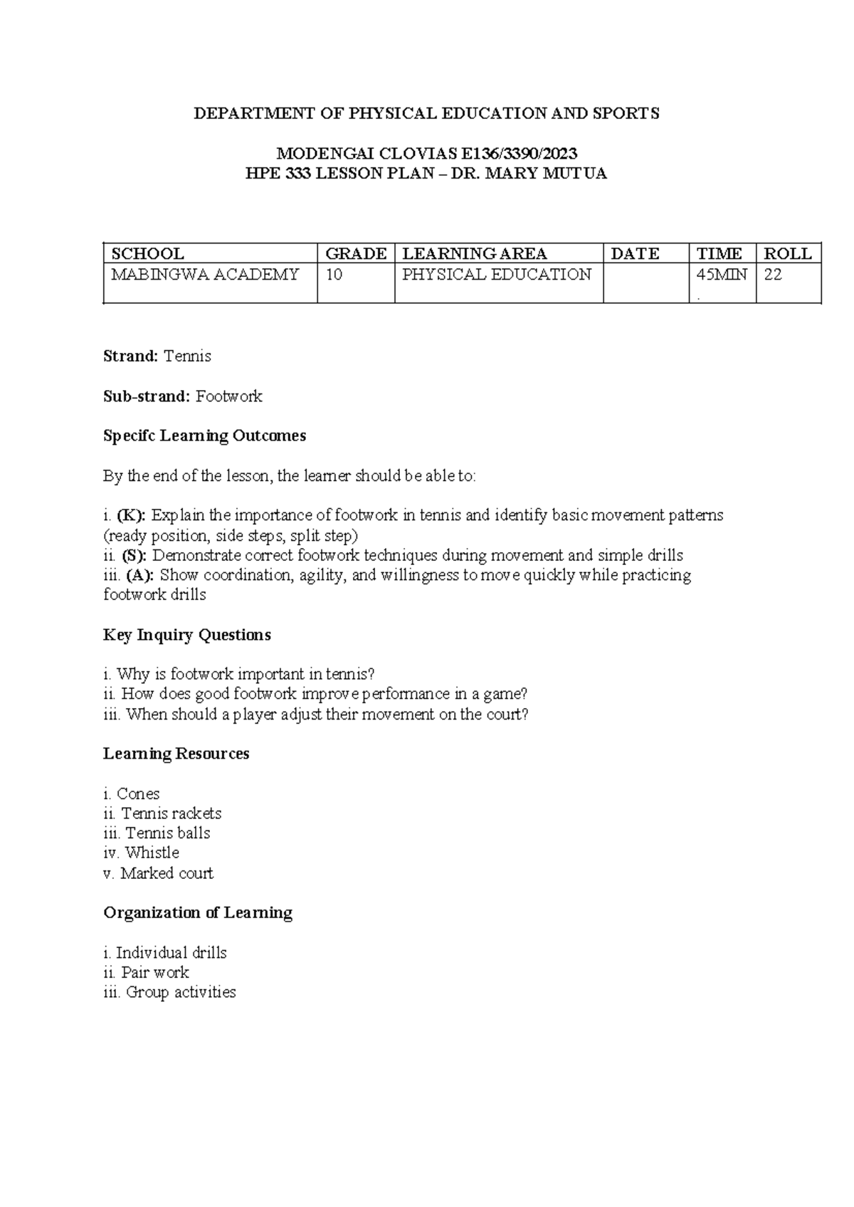 HPE 10 Lesson Plan: Tennis Footwork, Rally, Serve & Scoring Techniques ...
