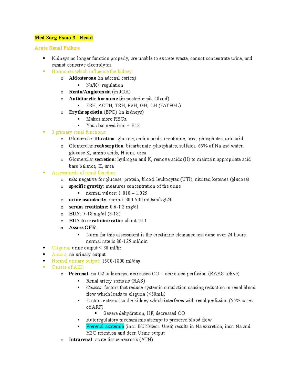 Med Surg Exam 3 - Renal Function Overview & Acute Kidney Injury Study ...