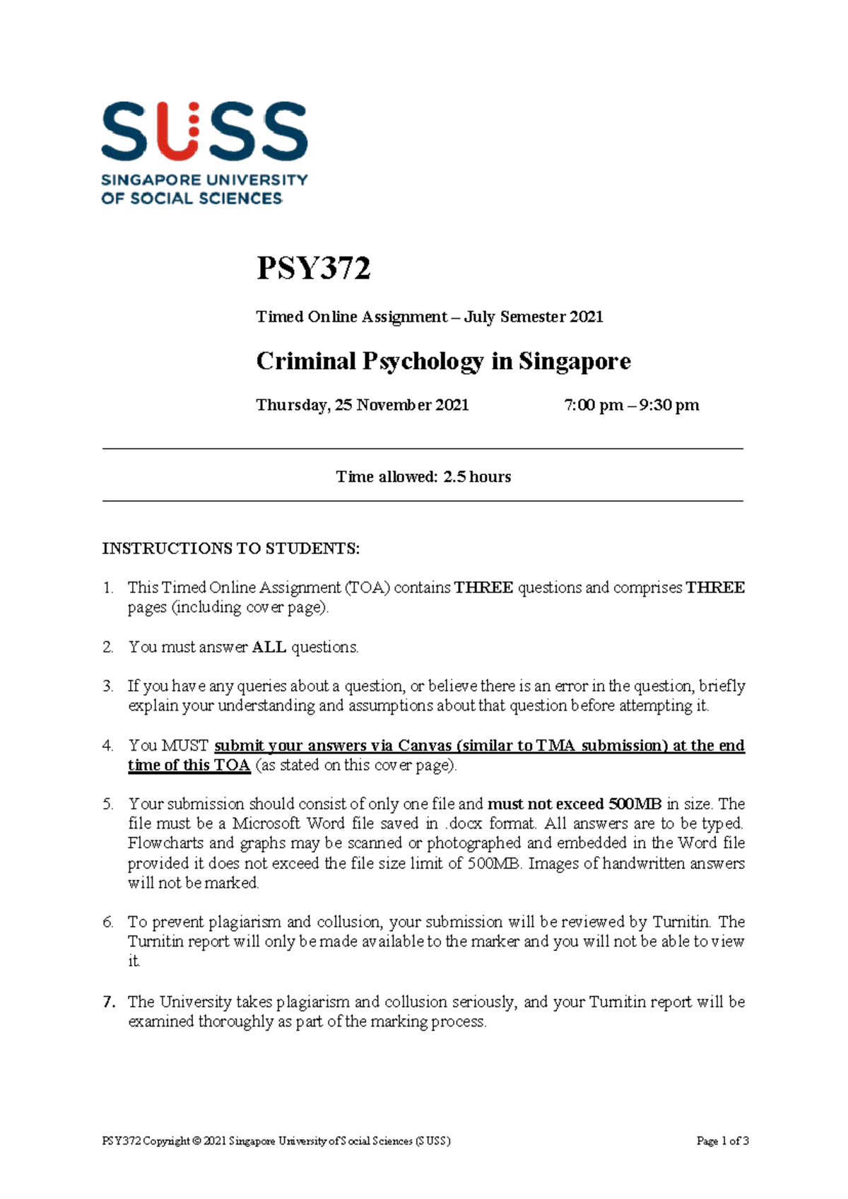 PSY372 JUL 2021 TOA - PSY372 Copyright © 2021 Singapore University of ...