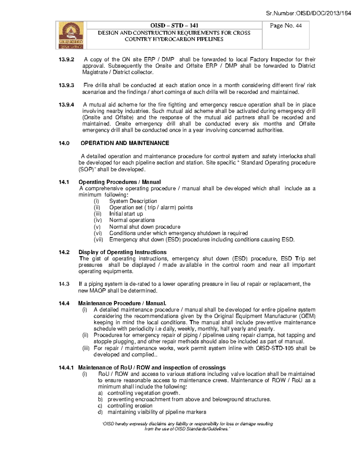 OISD STD 141: O&M Guidelines for Cross-Country Hydrocarbon Pipelines ...