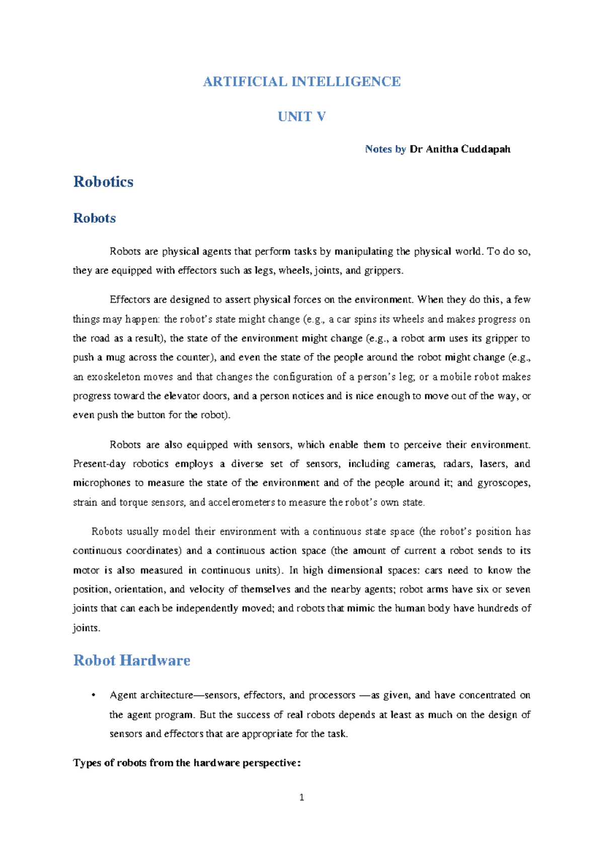 AI unit V - Robotics - ARTIFICIAL INTELLIGENCE UNIT V Notes by Dr ...
