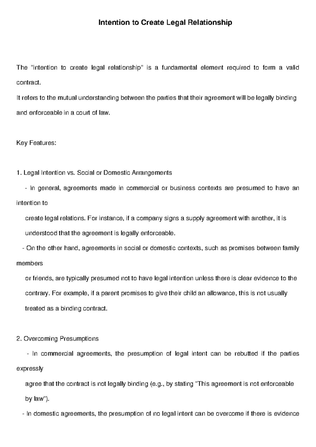 Intention to Create Legal Relationship - It refers to the mutual ...