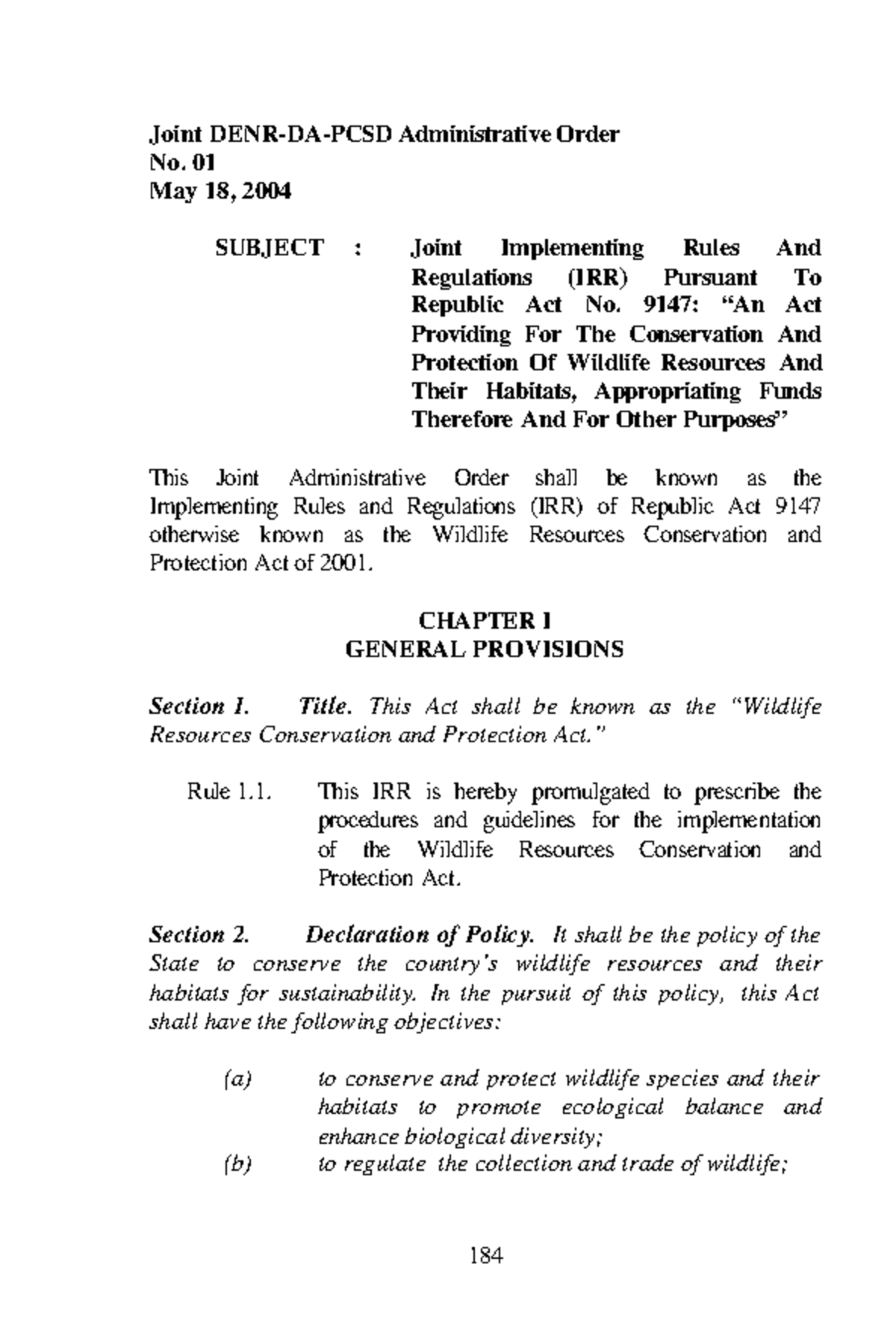 Implementing Rules and Regulations of RA 9147 on Wildlife Conservation ...