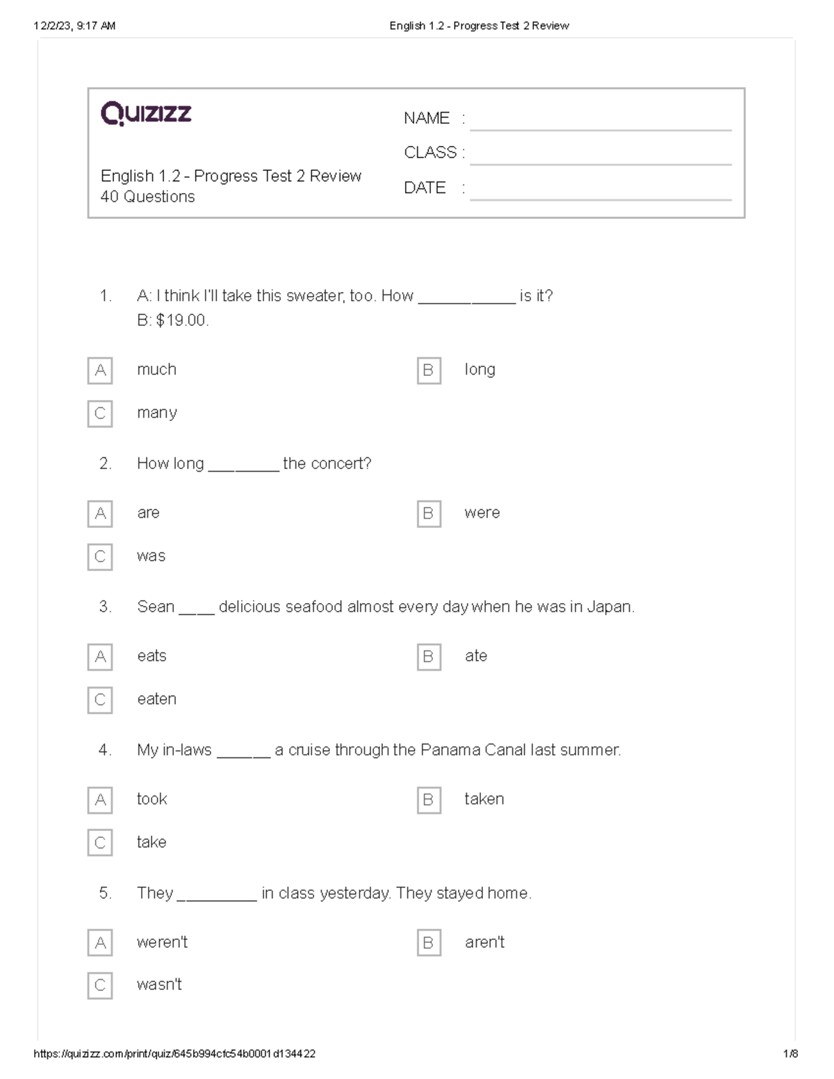 English 1.2 - Progress Test 2 Review - English 1 - Progress Test 2 ...