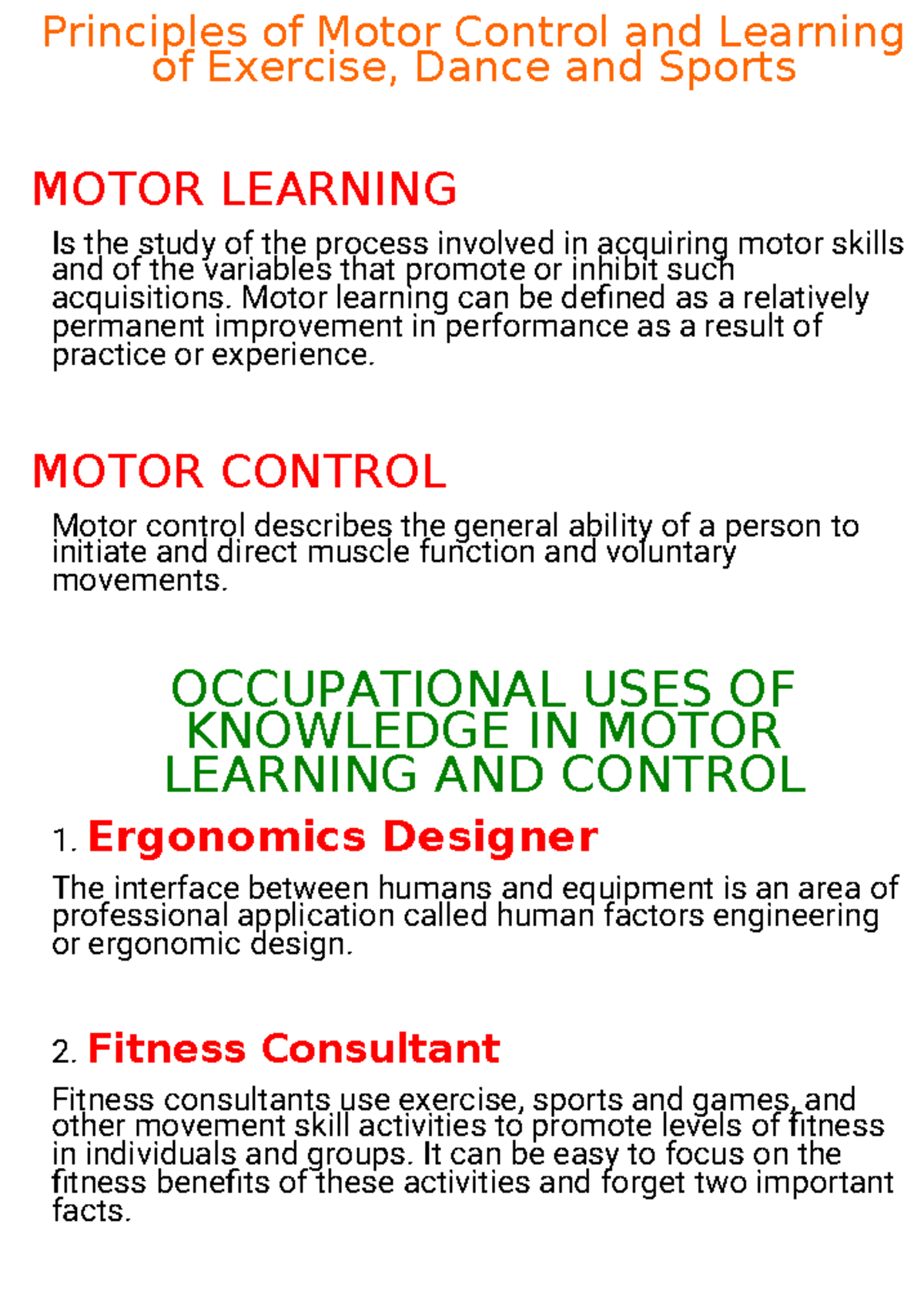 Principles of Motor Control and Learning in Exercise and Sports - Studocu