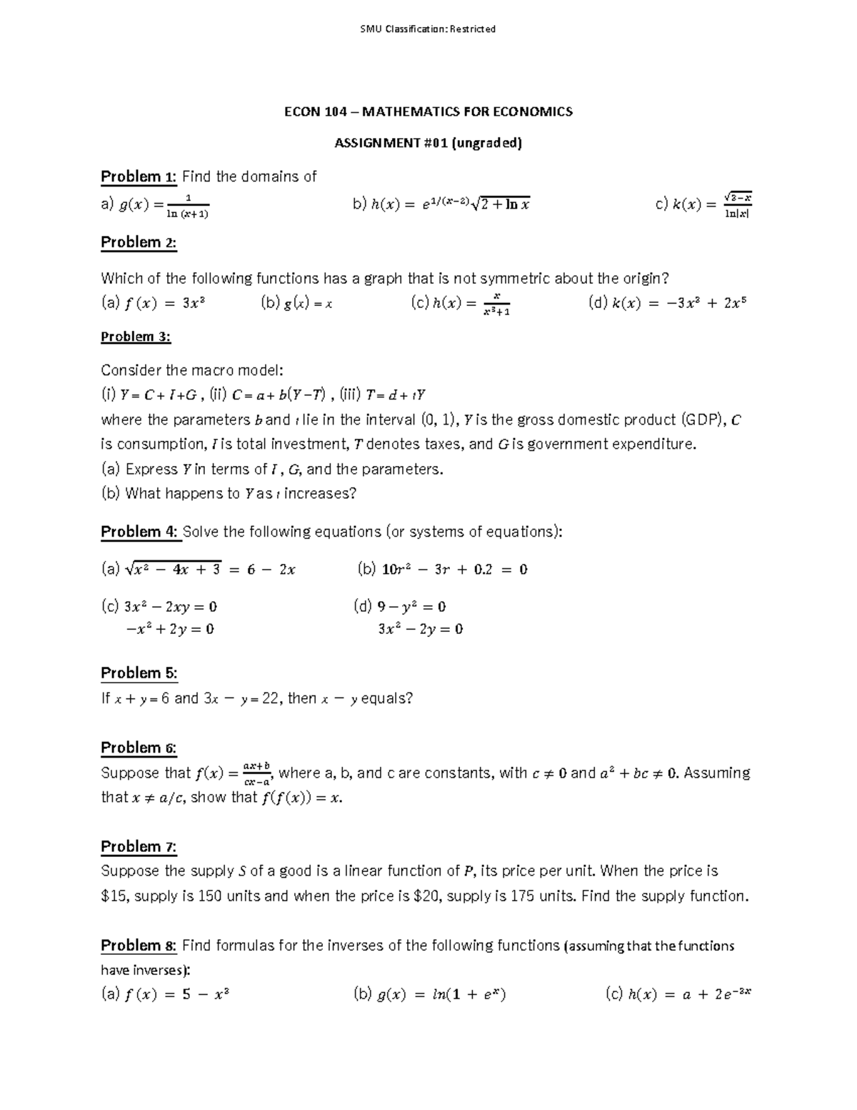 ECON 104 - Assignment 1: Mathematics for Economics Problems - Studocu