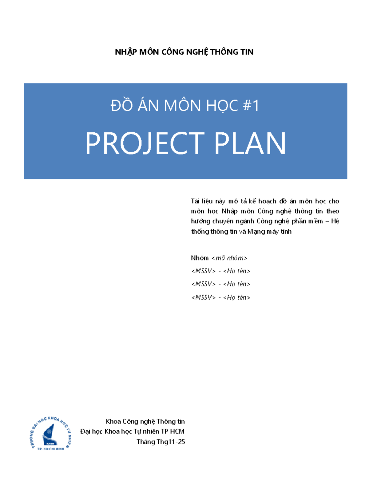Kế Hoạch Đồ Án Môn Học Nhập Môn CNTT - Project Plan - Studocu