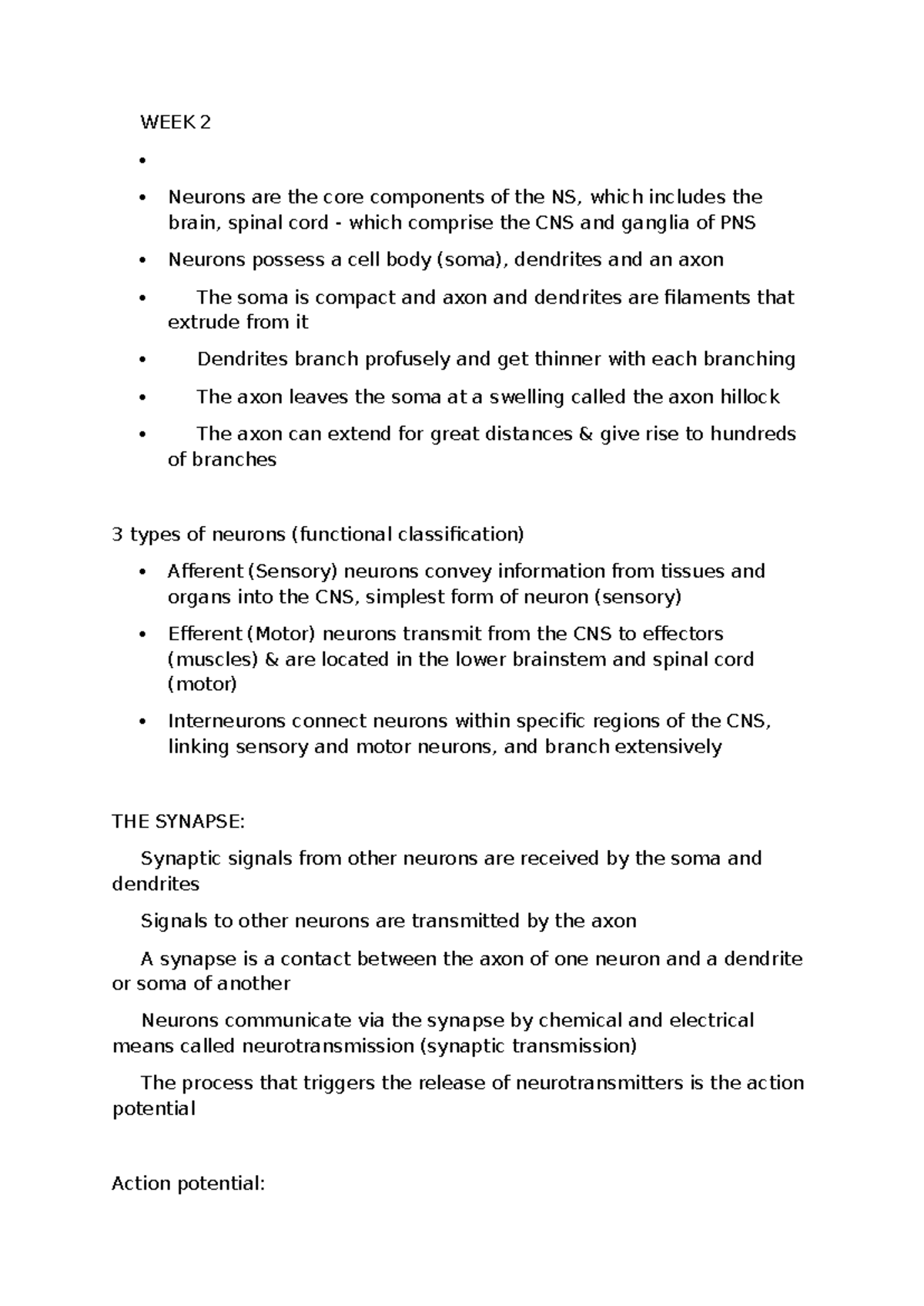 BB week 2 - Brain and Behaviour Week 2 - WEEK 2 Neurons are the core ...