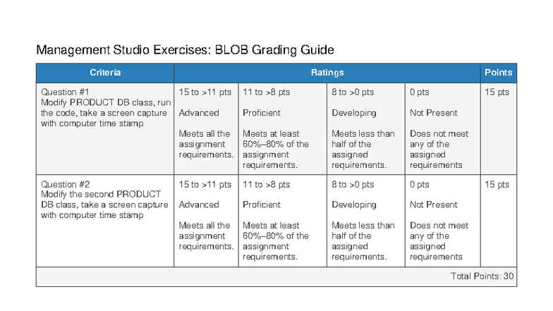 Management Studio Exercises: BLOB Grading Guide Criteria - Studocu