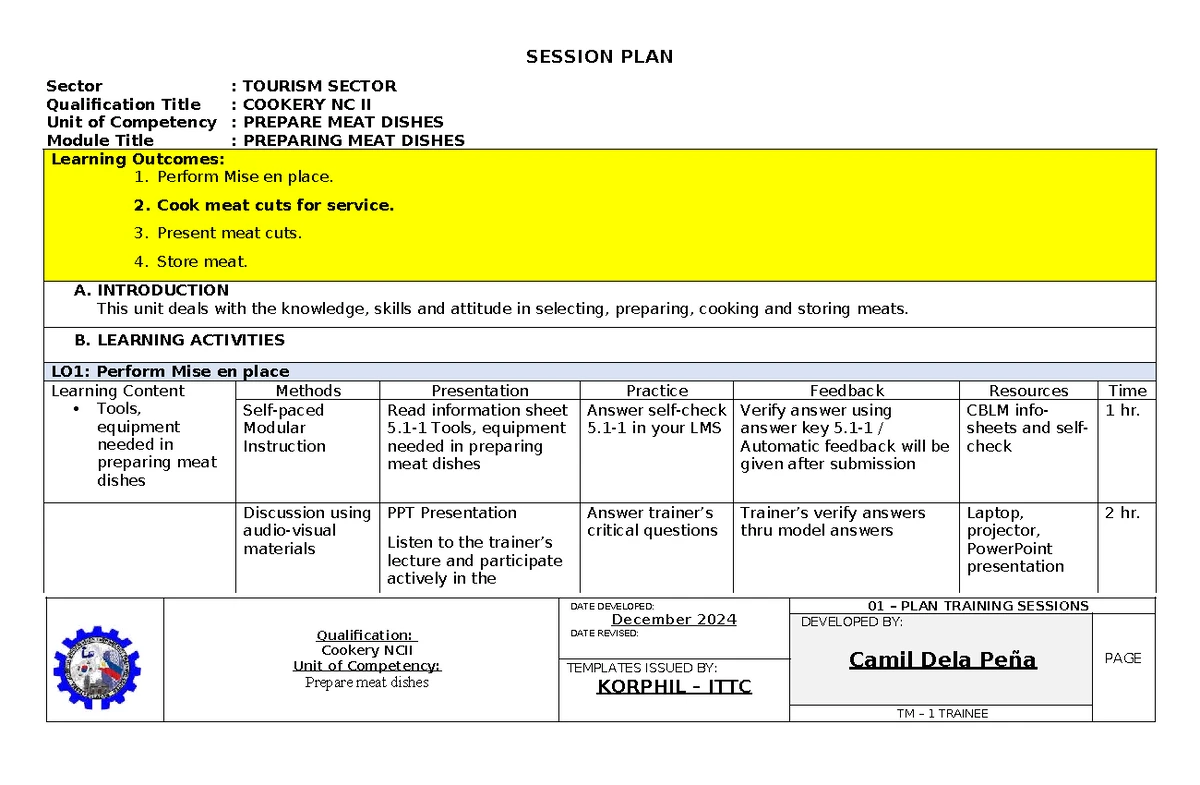 Cookery NC II Workshop Layout & Housekeeping Schedule - Studocu