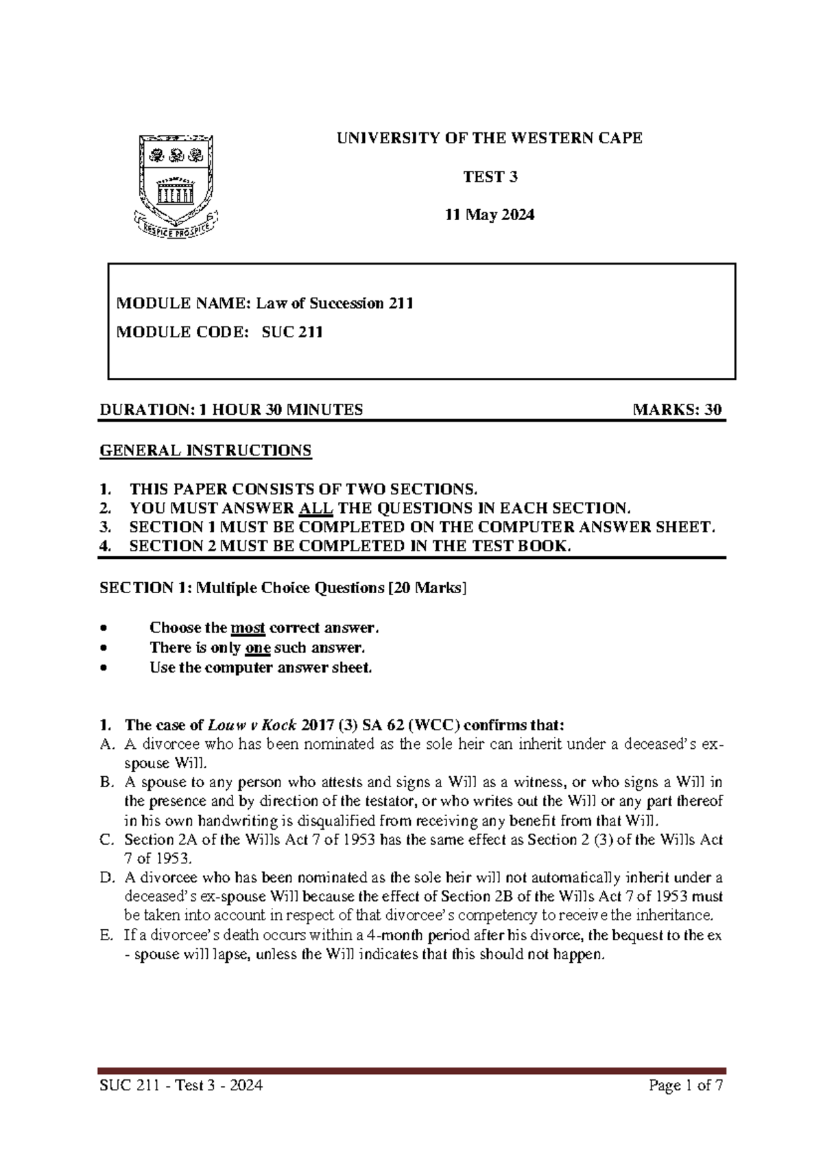 SUC211 2024 - Test 3: Law of Succession Questions & Essay Guide - Studocu