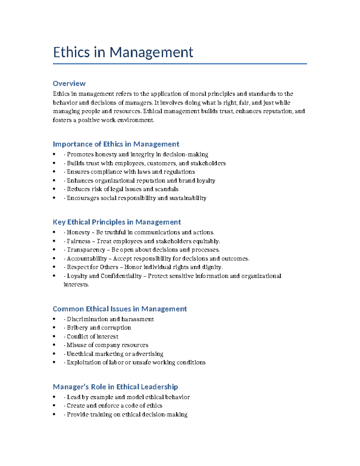 Ethics in Management - Lecture Notes Overview and Key Principles - Studocu