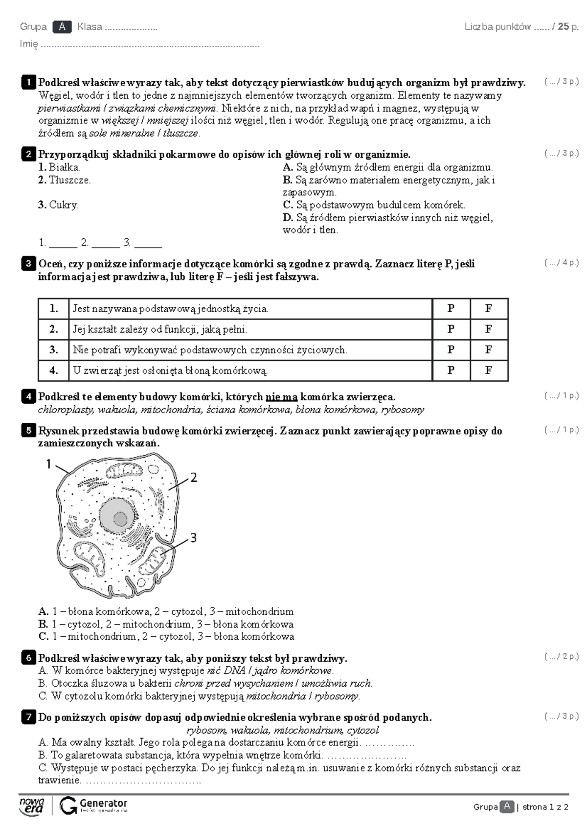 Test II. Budowa i czynności życiowe organizmów Test (z widoczną
