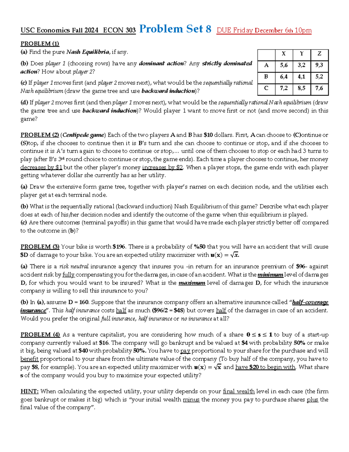 ECON 303 Fall 2024 Problem Set 8 with Solutions - USC Economics Fall ...