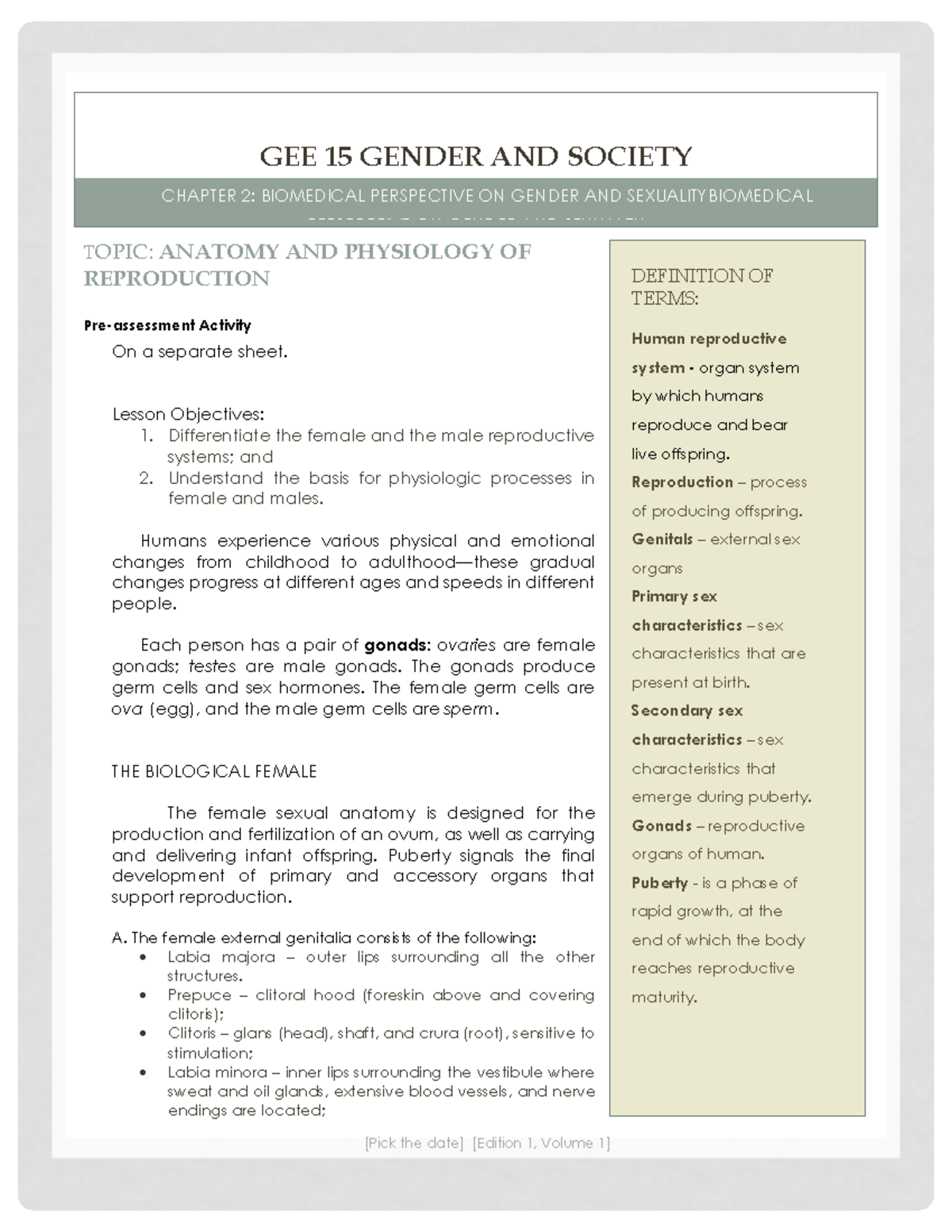 Chapter-2 - Gender and Society Lecture Notes - [Pick the date] [Edition ...