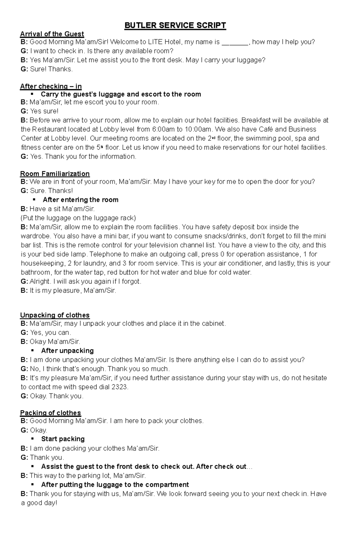 Butler Service Script for Guest Arrival and Departure at LITE Hotel ...