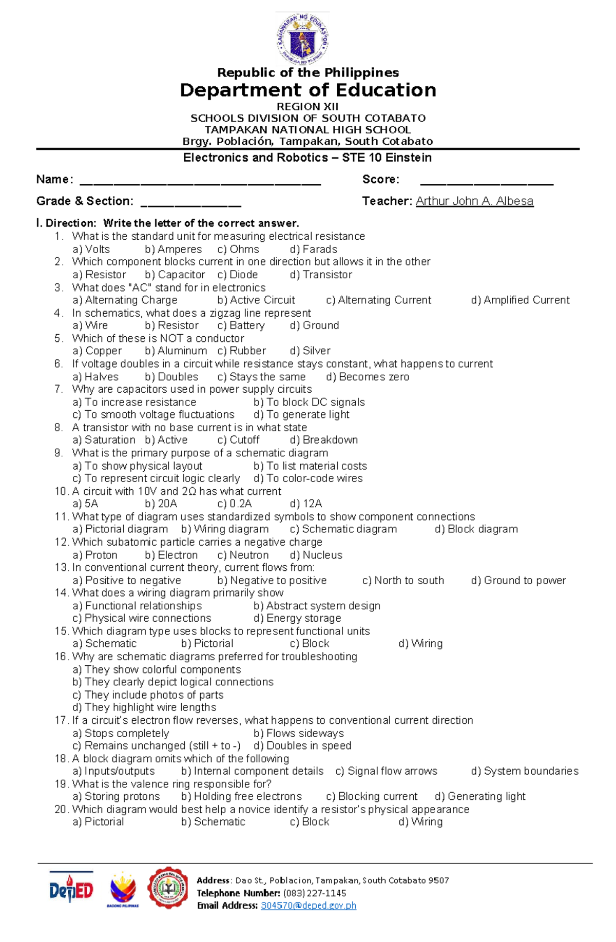 Electronics and Robotics Exam STE 10 - 1st Quarter - Studocu