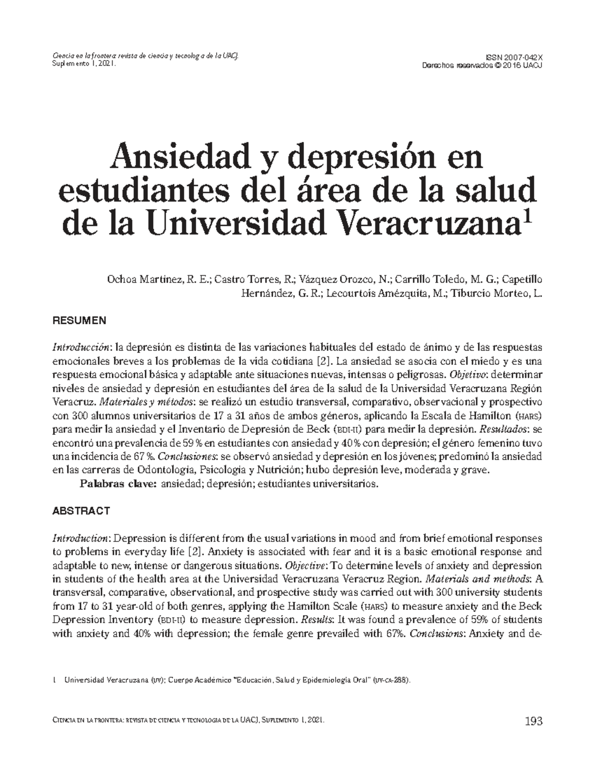 Ansiedad y Depresión en Estudiantes de Salud: Estudio UACJ 2021 - Studocu