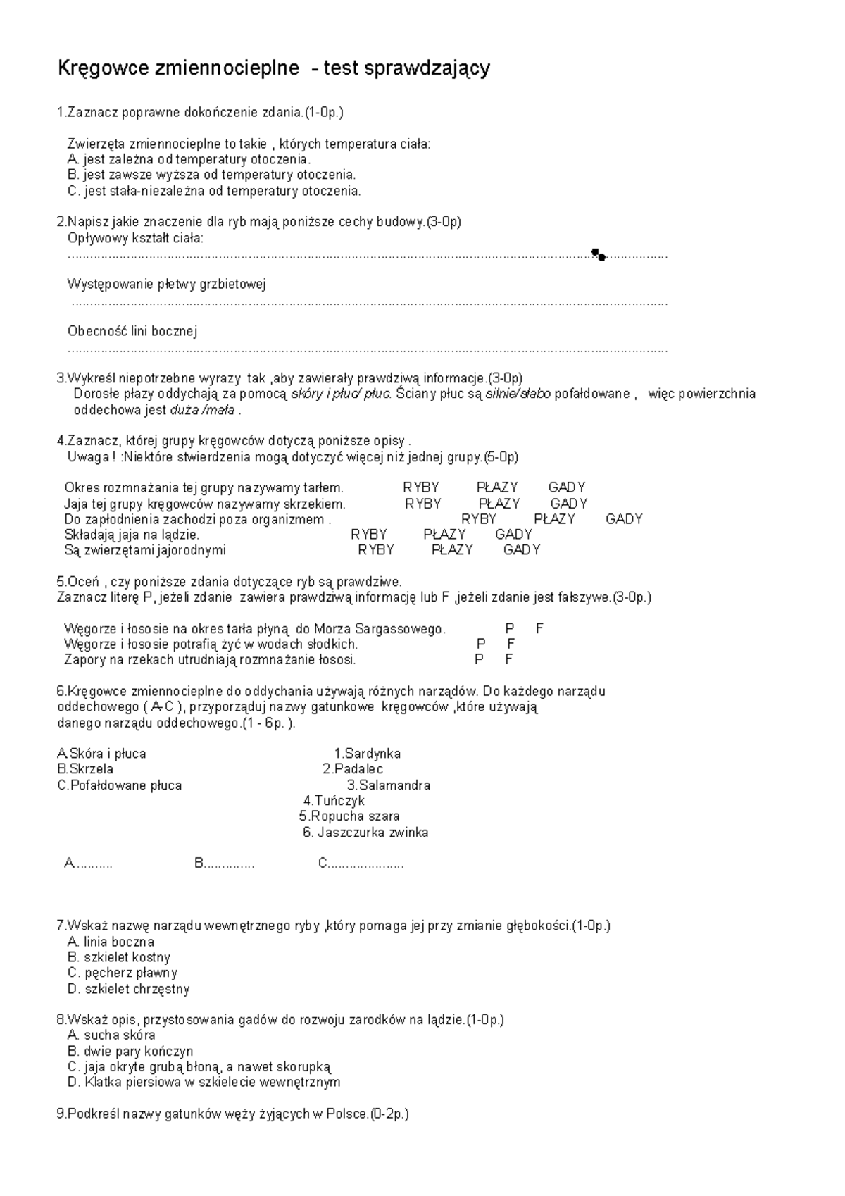Plazy i ryby - test klasa 6 Wersja - Kręgowce zmiennocieplne - test
