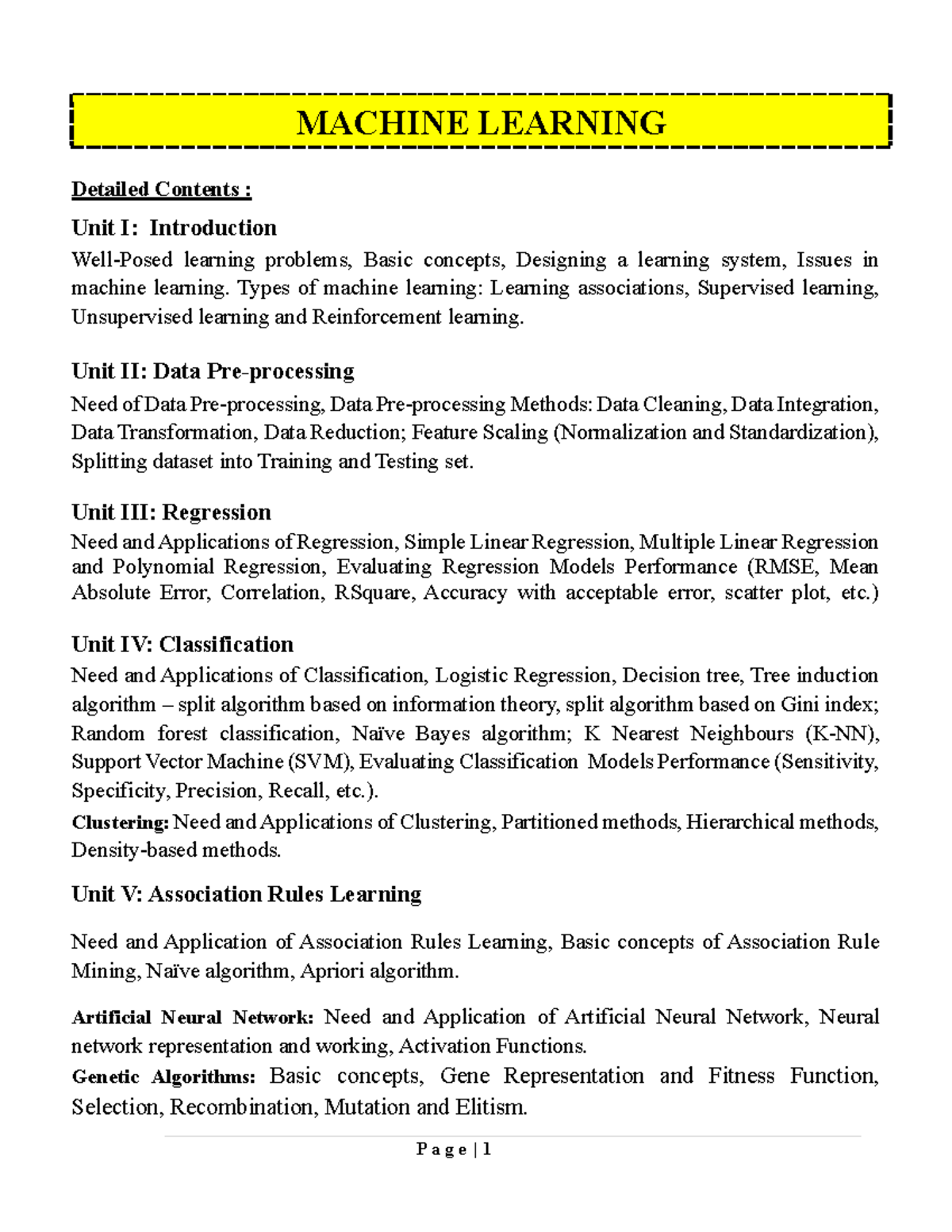 MACHINE LEARNING & CLOUD COMPUTING Syllabus - SEM 6 Overview - Studocu