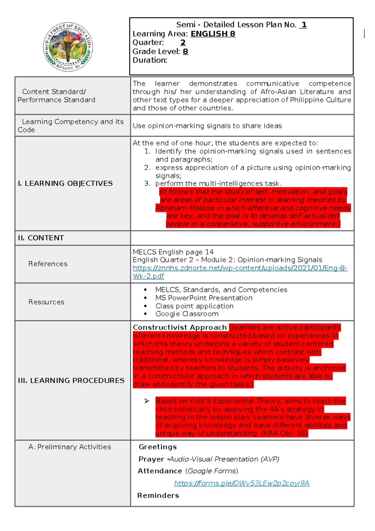 LP Grade 8 - Lesson Plan on Coordinating Conjunctions - Studocu