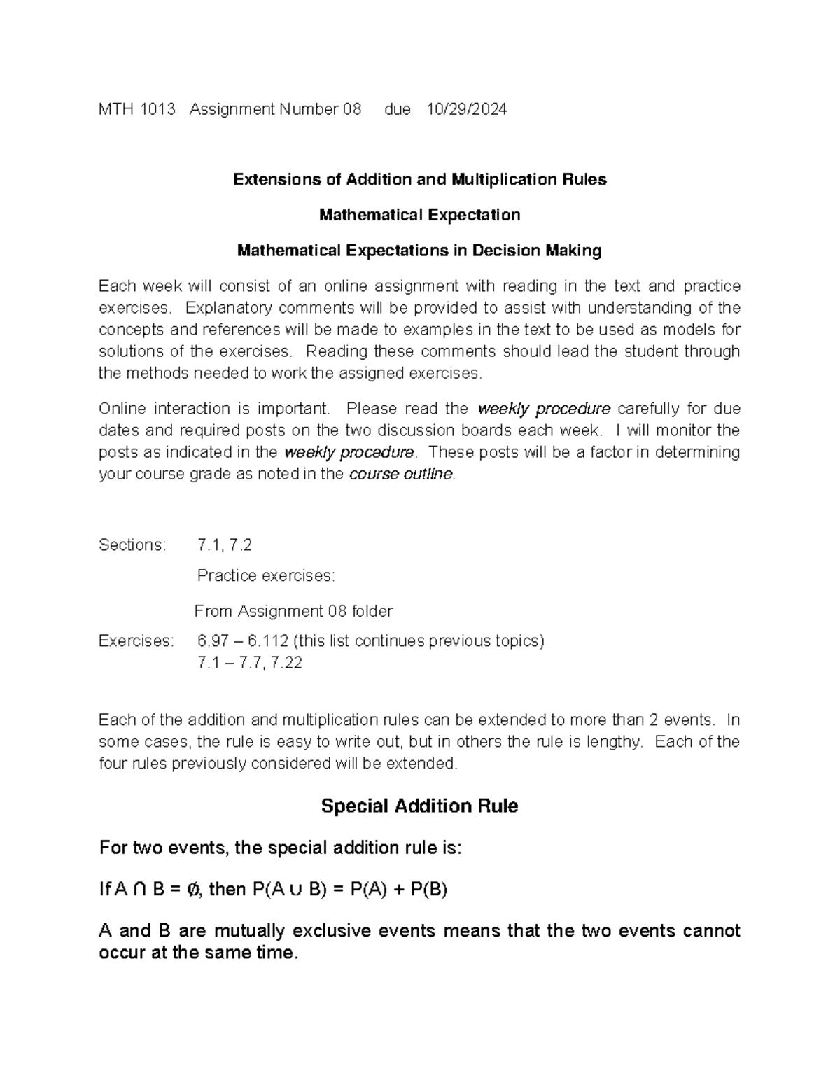 MTH 1013 Assignment 08 - Extensions of Math Rules and Expectations ...