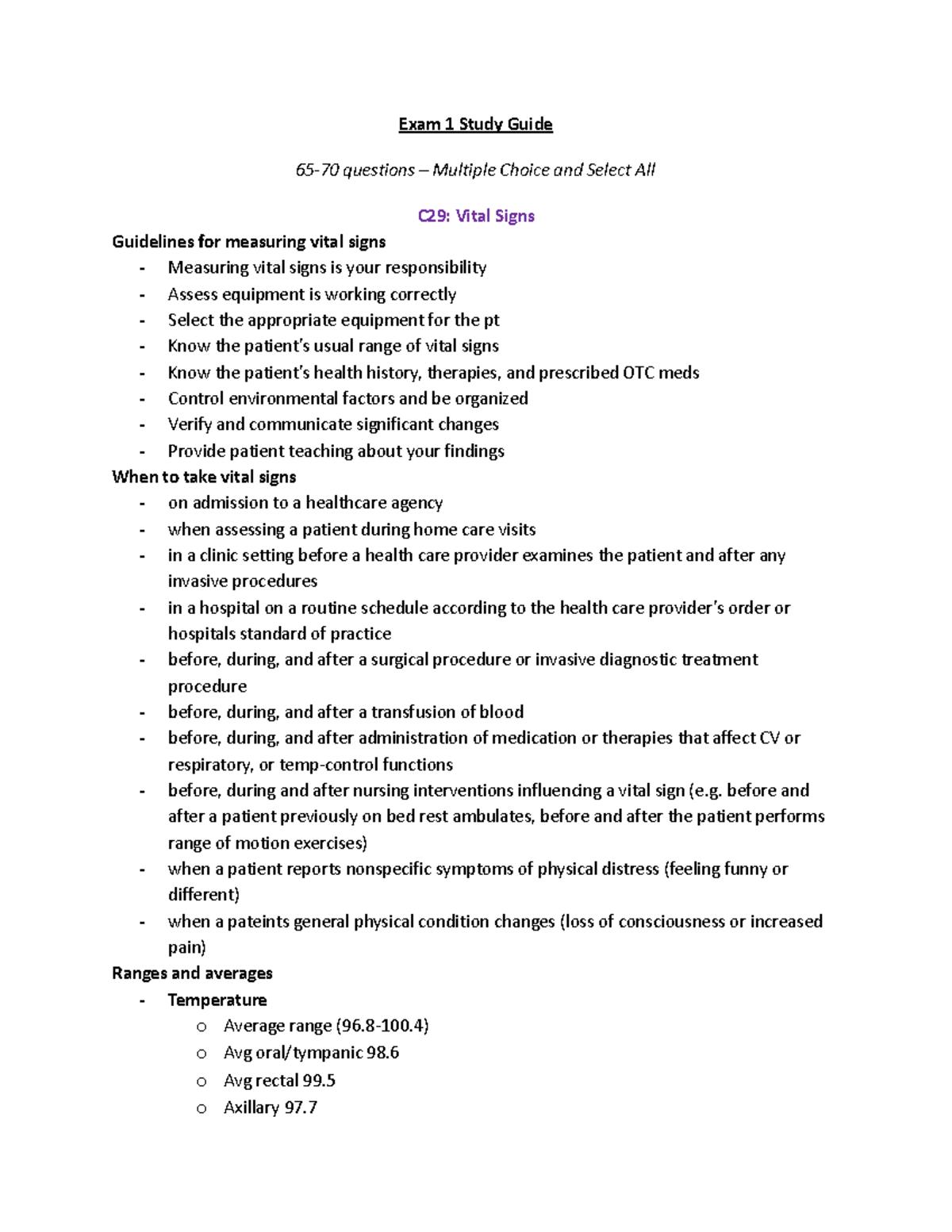 304 NURS 1 Exam 1 Study Guide: Vital Signs & Nursing Considerations ...