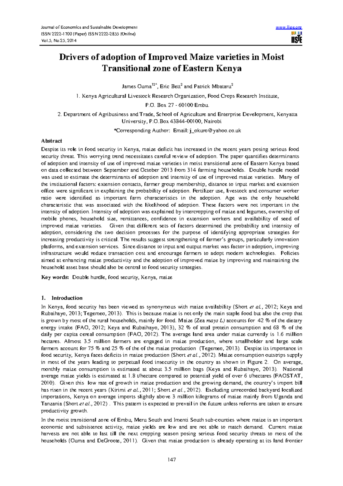 Drivers of Adoption of Improved Maize Varieties in Eastern Kenya - Studocu