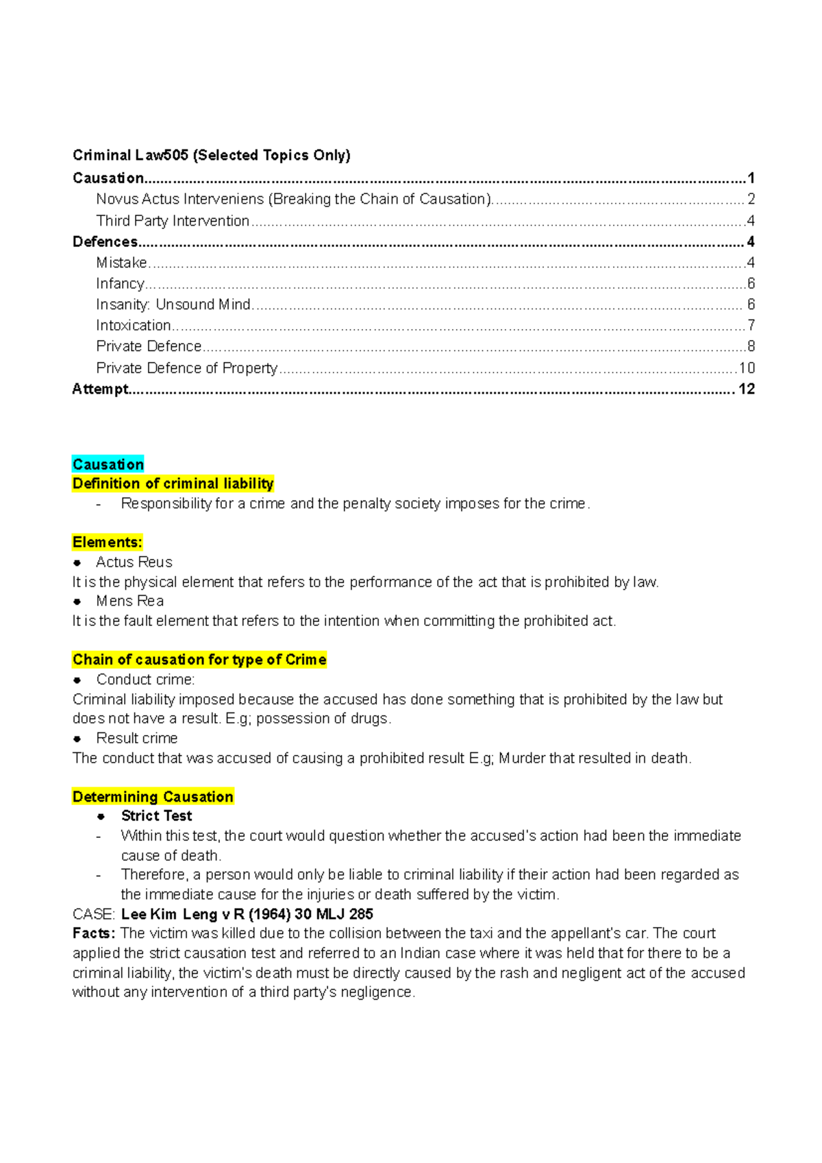 Criminal Law 505: Selected Topics on Causation and Defences - Studocu