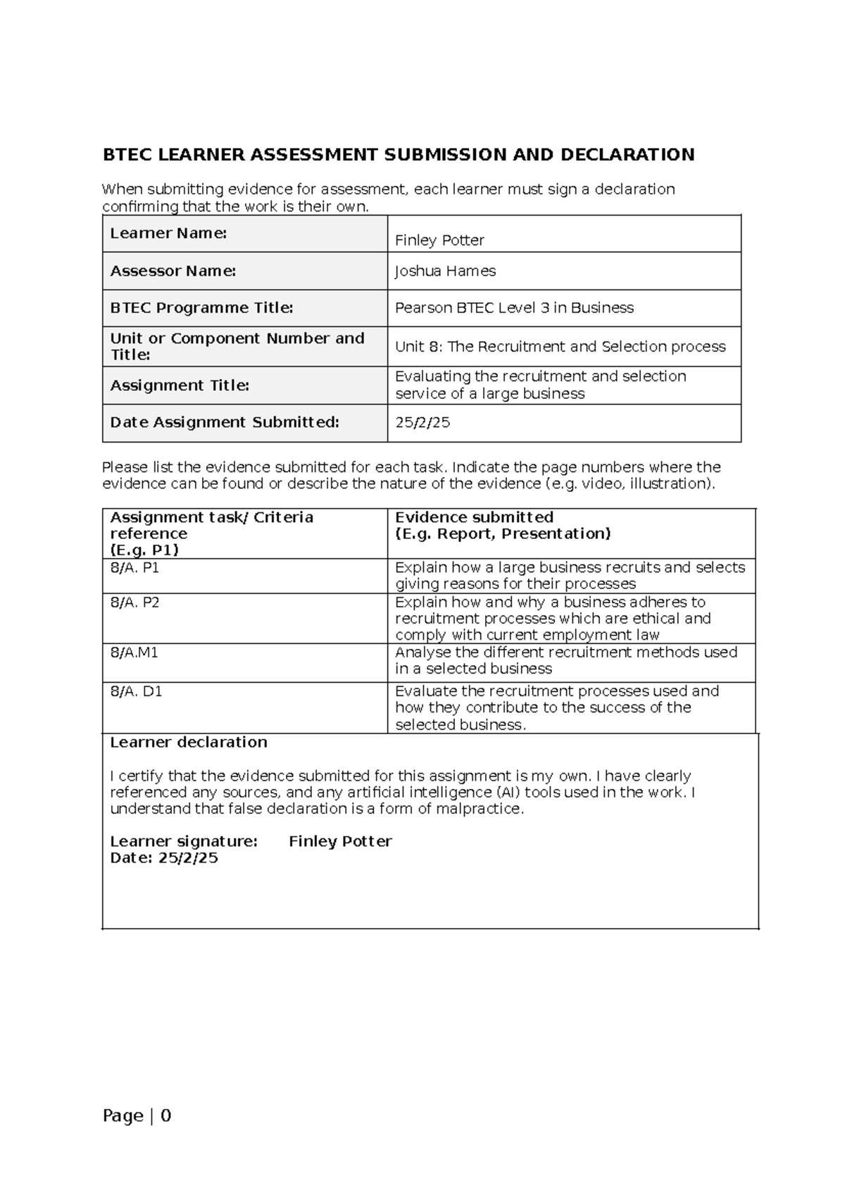 BTEC Level 3 Business - Unit 8: Recruitment & Selection Process ...