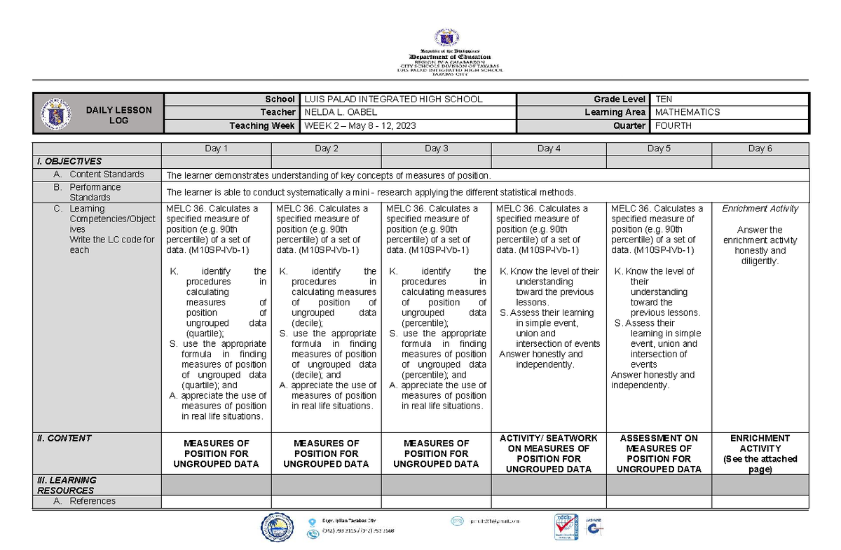 Daily Lesson Log (DLL) for Math 10 - Week 2 (May 8-12, 2023) - Studocu