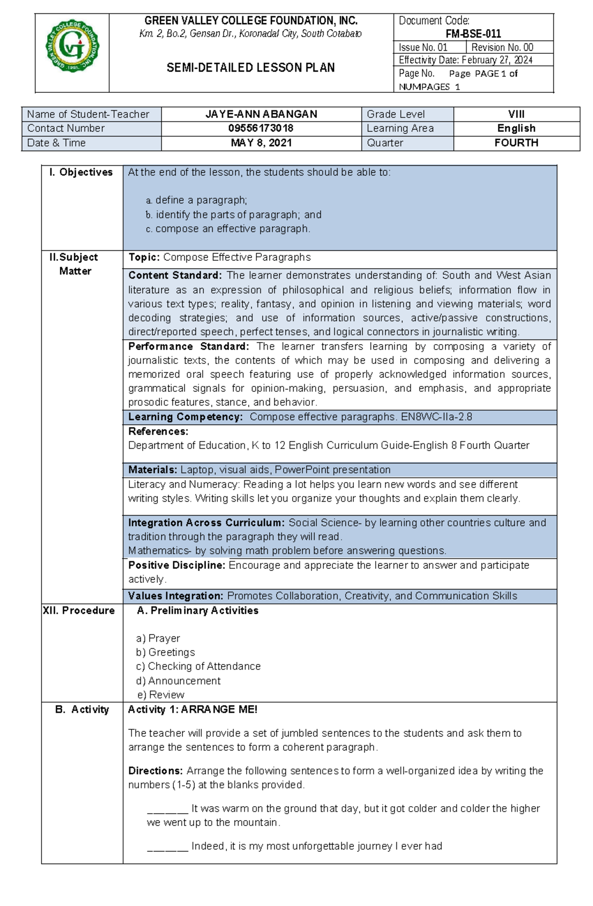 LESSON PLAN: Composing Effective Paragraphs (ENG 4) - Studocu