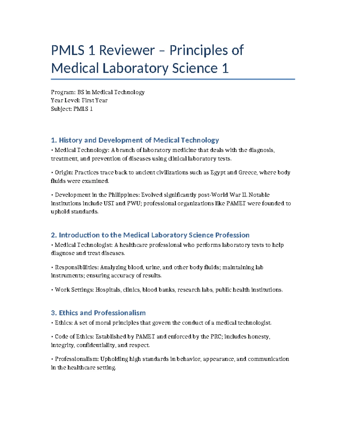 PMLS 1 Expanded Reviewer: Principles of Medical Laboratory Science ...