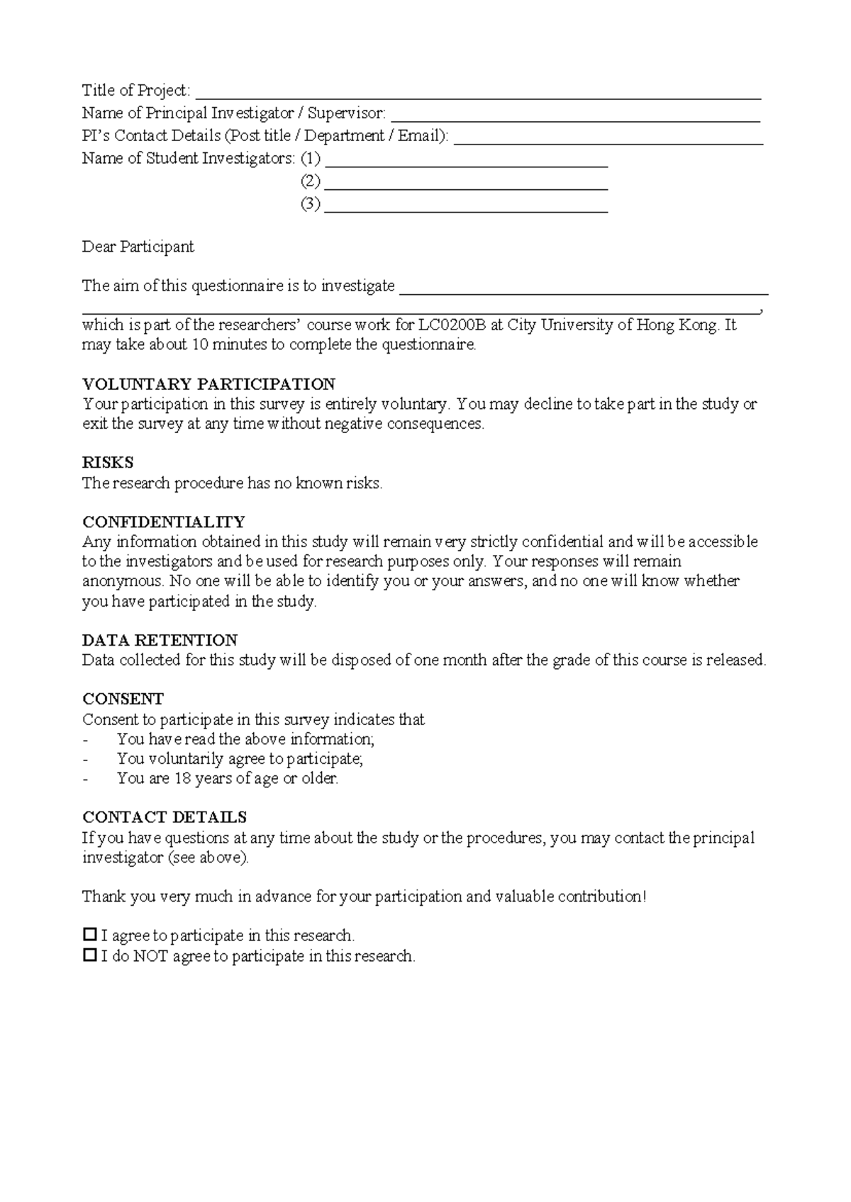 LC0200B Questionnaire Template for Research Project Survey - Studocu