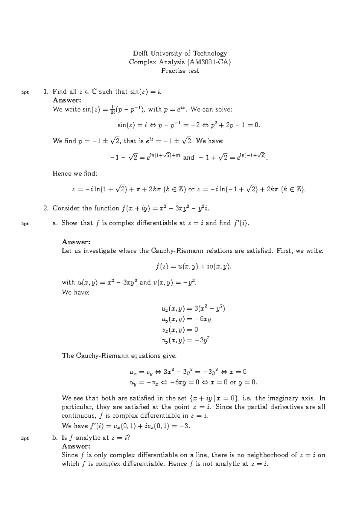 Practice Test Questions & Answers for Complex Analysis AM3001-CA ...