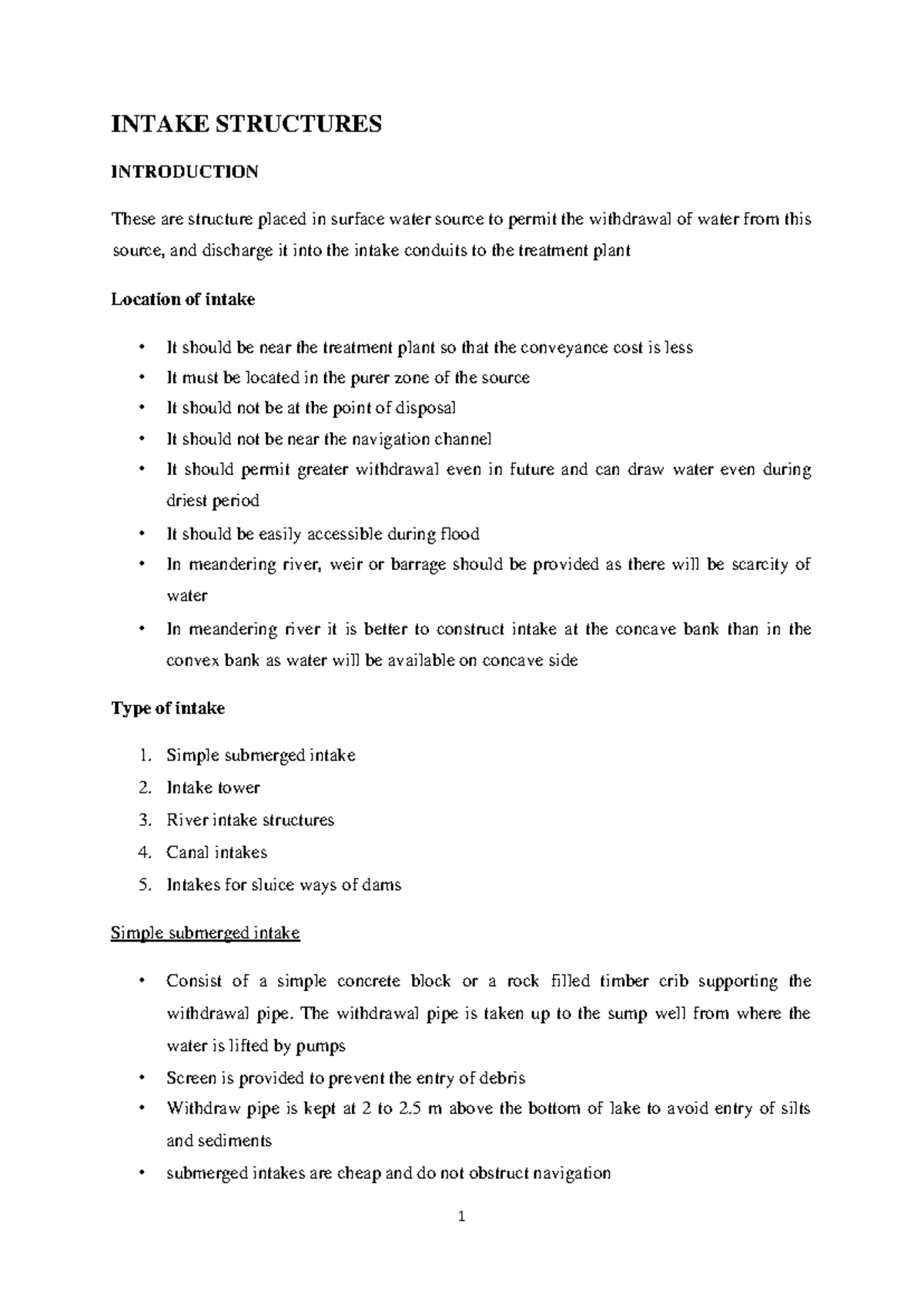 Intake Structures Overview - KTU CE 405 Environmental Eng I Notes - Studocu