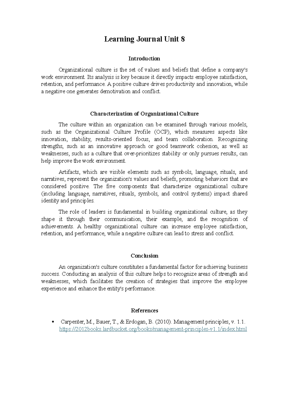 Learning journal unit 8: Understanding organizational culture - Studocu