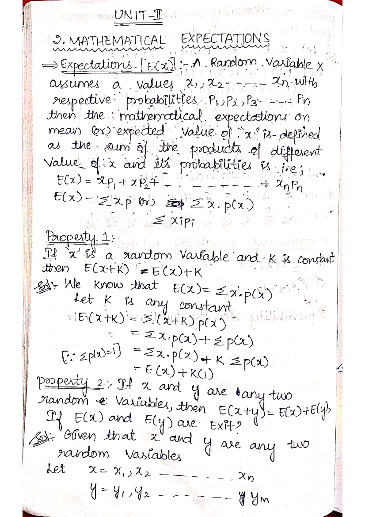 COSM unit-2 - COSM - 2. MATHEMATICAL EXPECTATIONS Expectations A Random ...