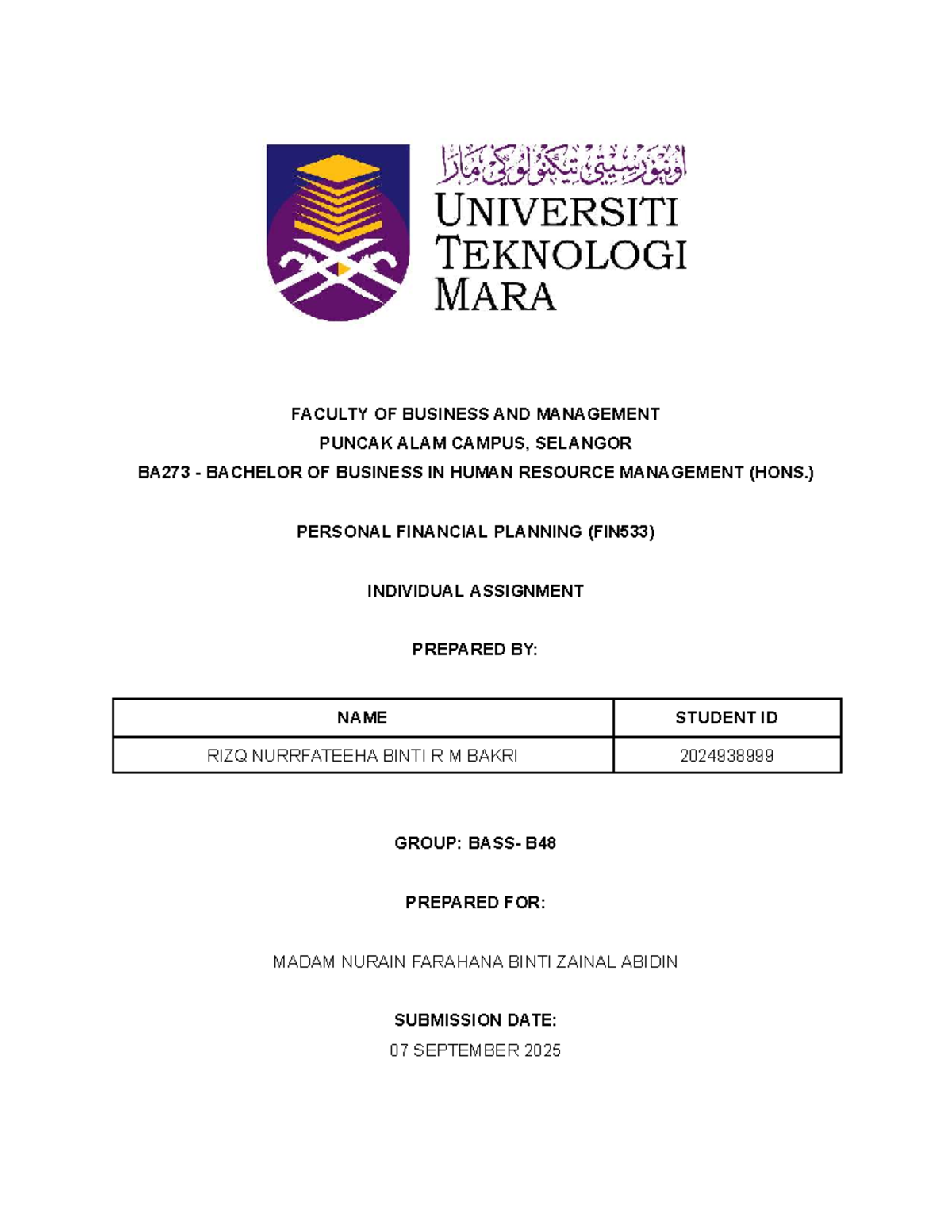 FIN533 Individual Assignment: Personal Financial Planning Analysis ...
