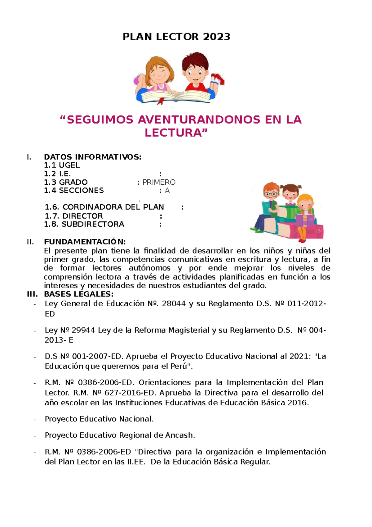 PLAN LECTOR 2023 PARA PRIMER GRADO: AVENTURAS EN LA LECTURA - Studocu