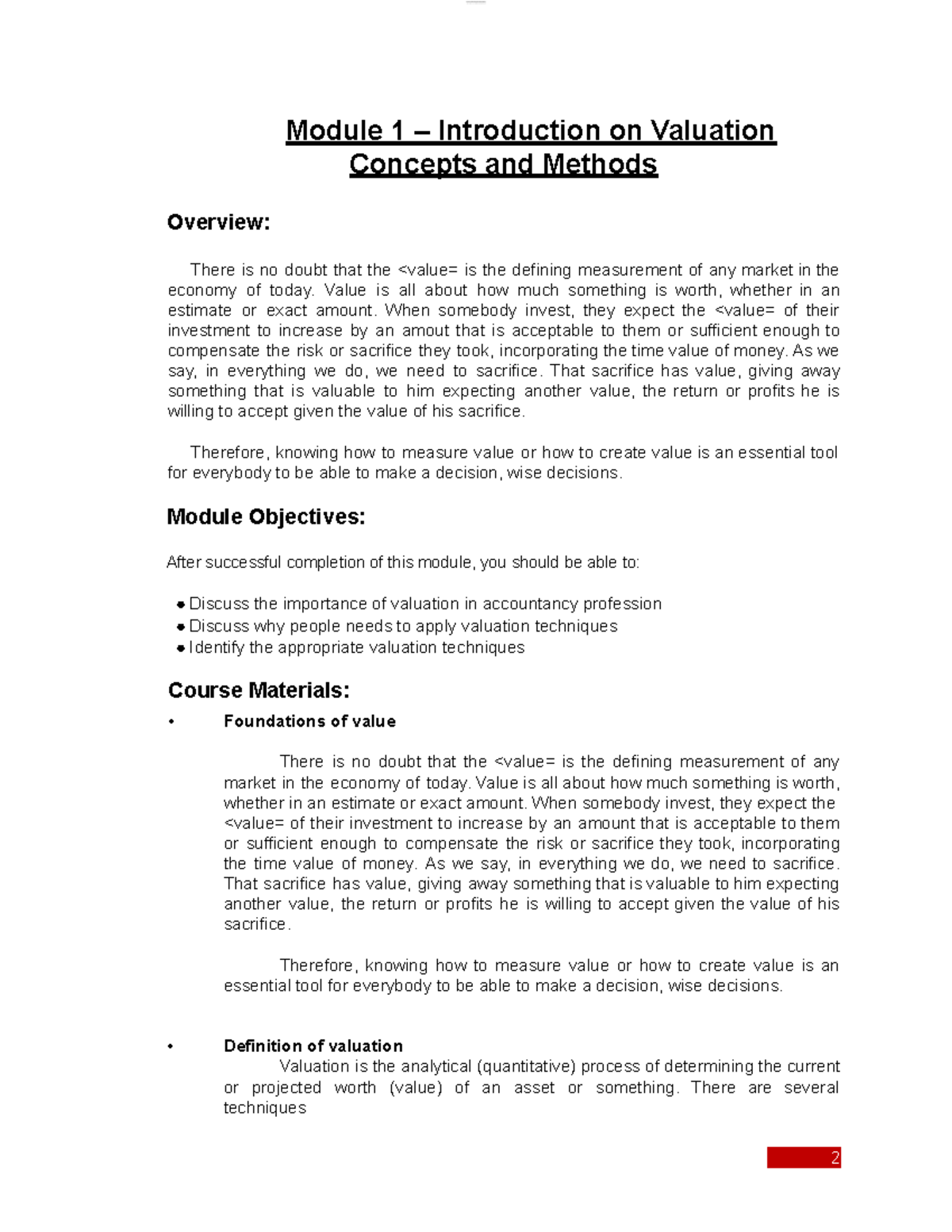 Module 1 & 2: Valuation Concepts and Asset-Based Assessment - Studocu
