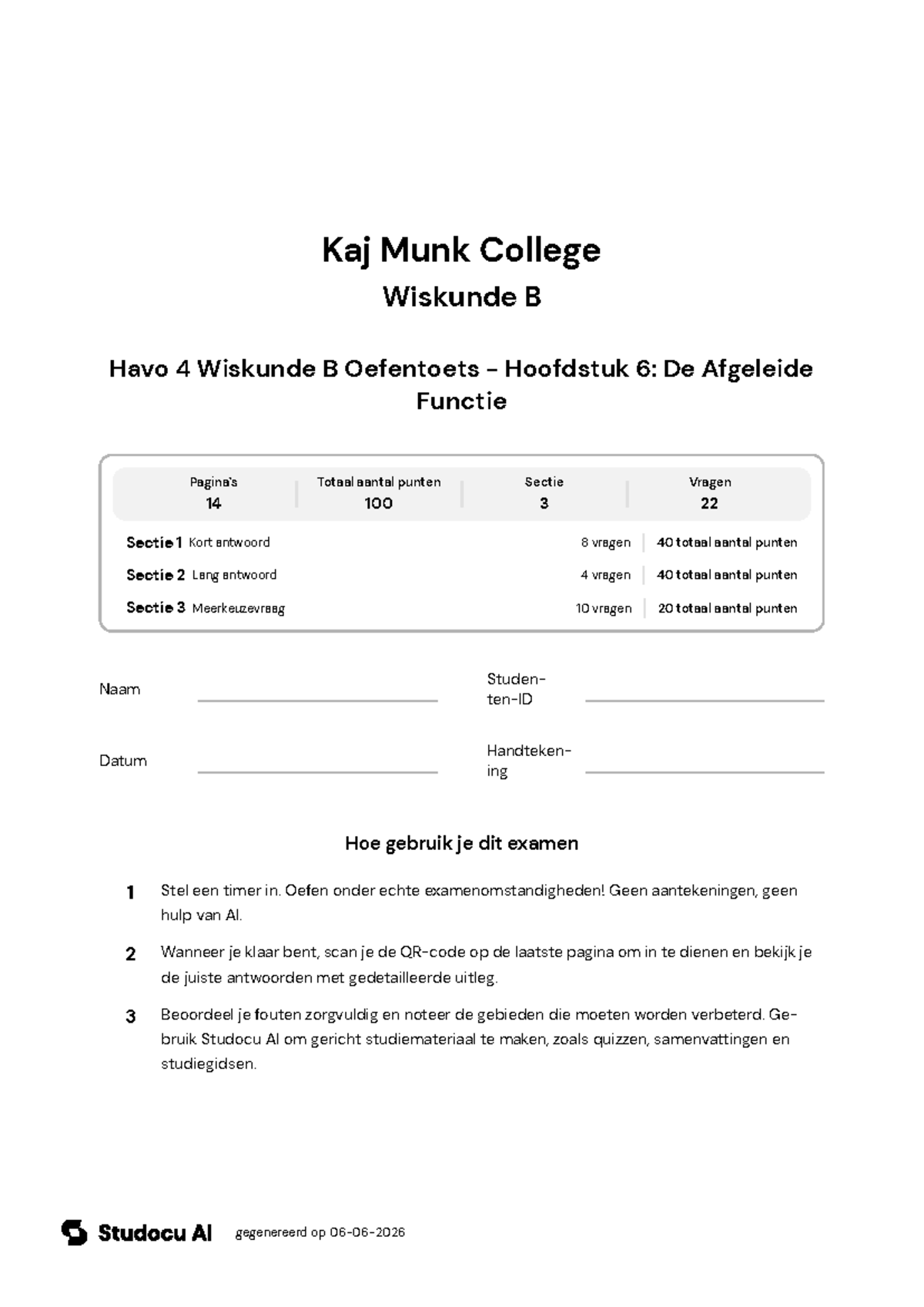 Havo 4 Wiskunde B Oefentoets - Hoofdstuk 6: De Afgeleide Functie ...